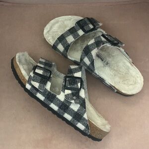 Black/White Plaid Birkenstocks with Faux Fur - Size 41